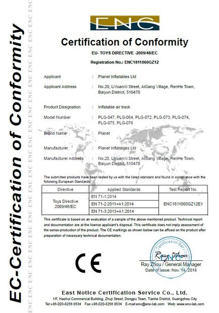 Chine Guangzhou Planet Inflatables Ltd. Certifications