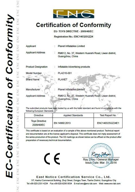 Chine Guangzhou Planet Inflatables Ltd. Certifications